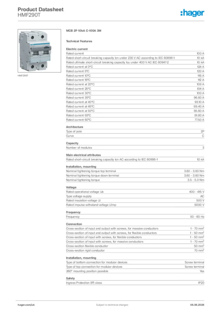 Image Hager Product data sheet HMF290T  | Hager
