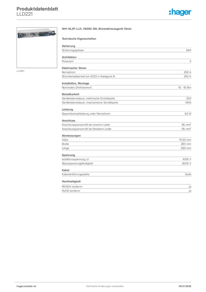Bild Hager Produktdatenblatt LLD221 | Hager Schweiz