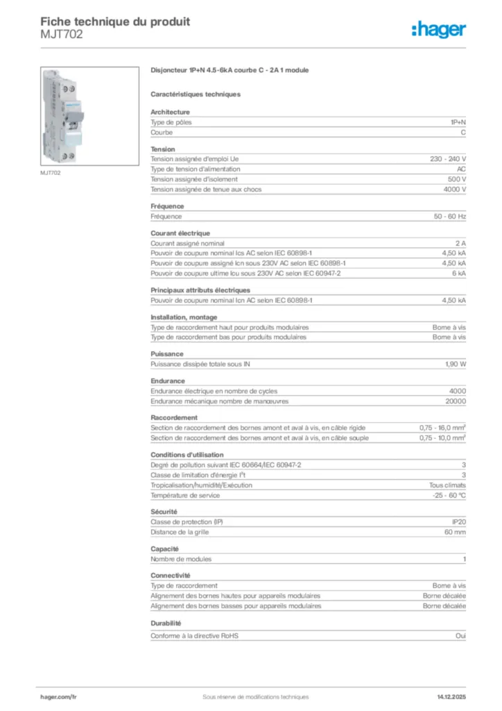 Image Hager Fiche technique du produit MJT702 | Hager France