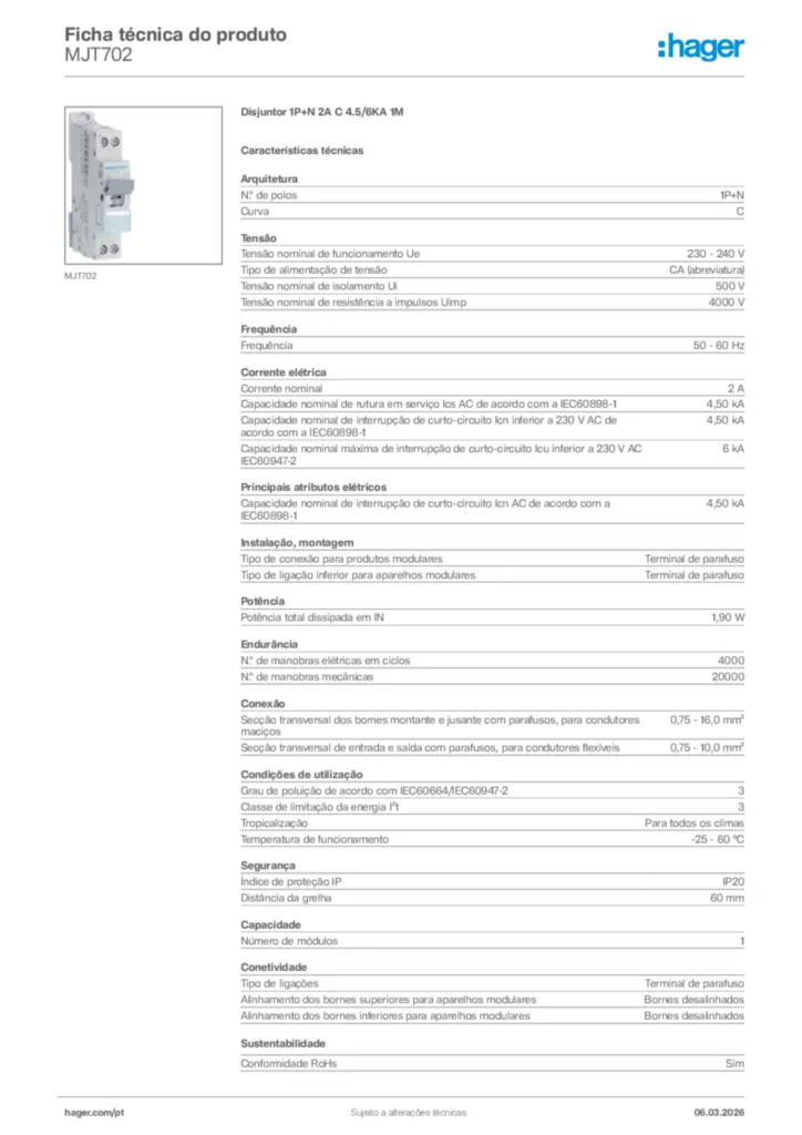 Imagem Hager Ficha técnica do produto MJT702 | Hager Portugal