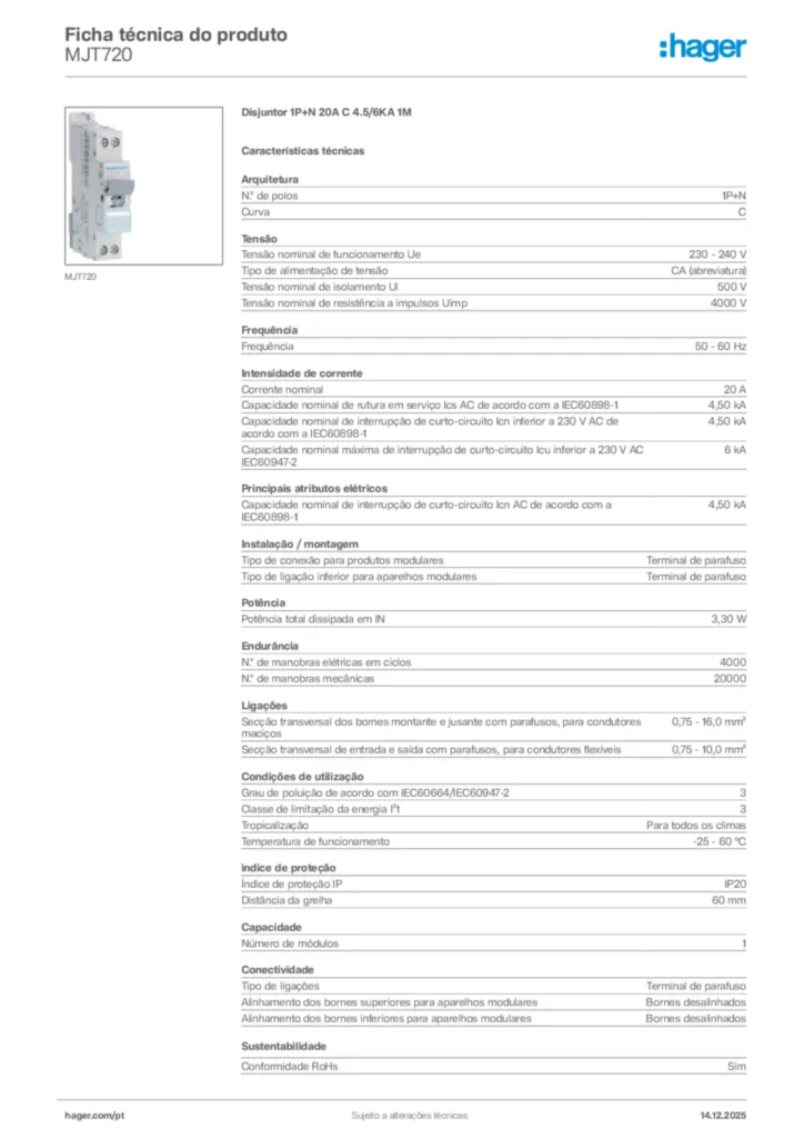 Imagem Hager Ficha técnica do produto MJT720 | Hager Portugal