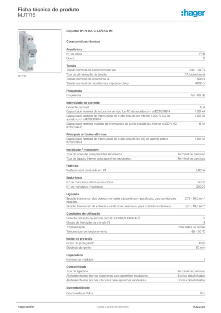 Imagem Hager Ficha técnica do produto MJT716 | Hager Portugal