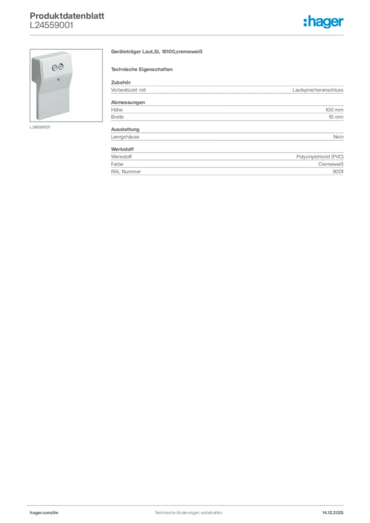 Bild Hager Produktdatenblatt L24559001 | Hager Deutschland