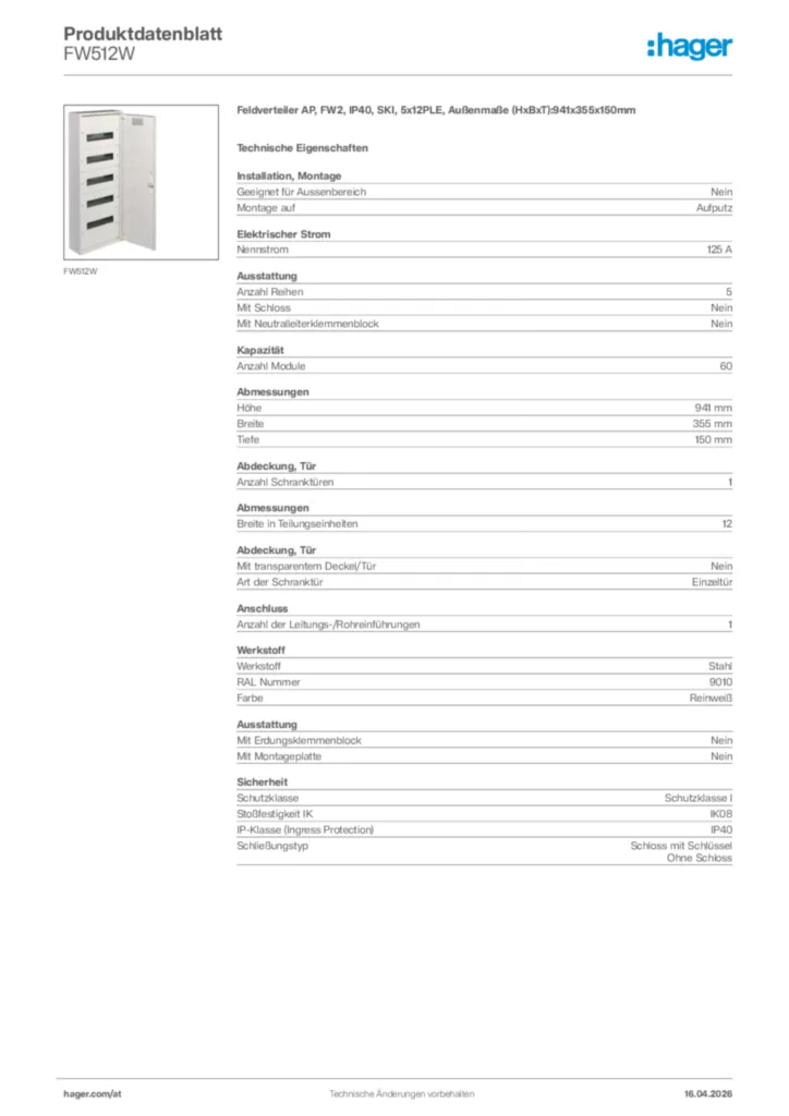 Bild Hager Produktdatenblatt FW512W | Hager Deutschland
