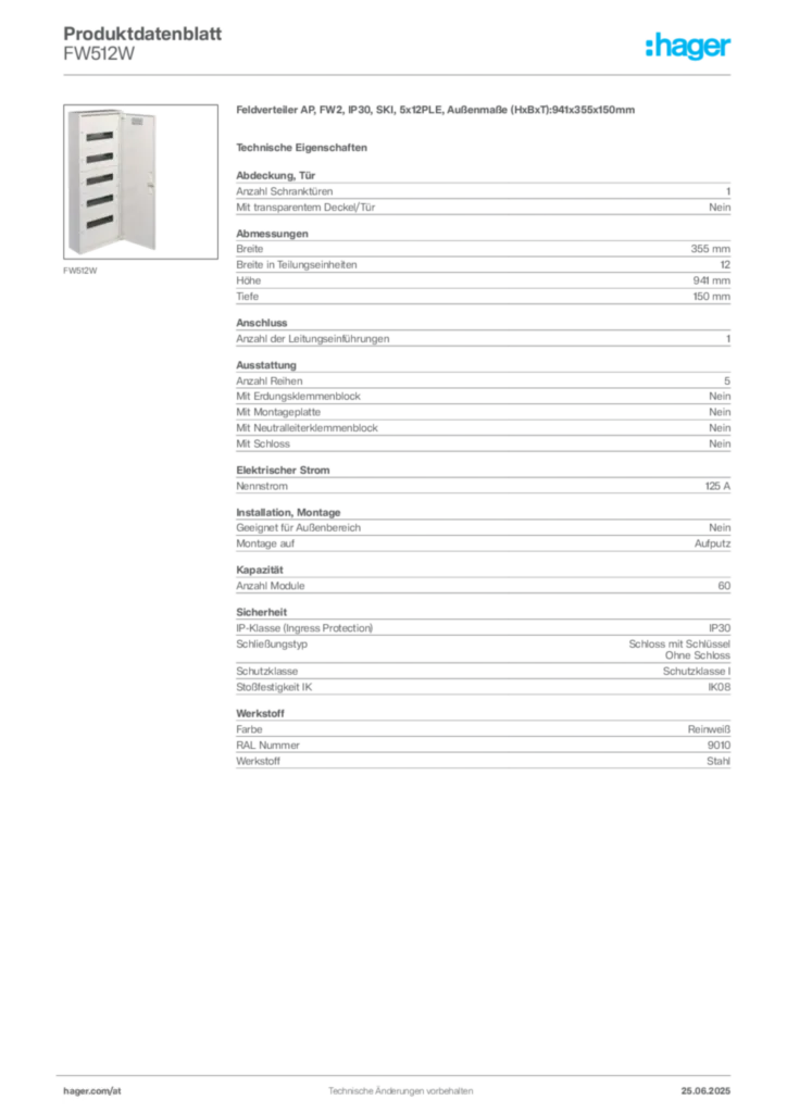 Bild Hager Produktdatenblatt FW512W | Hager Deutschland