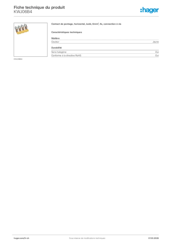 Image Hager Fiche technique du produit KWJ06B4 | Hager Suisse