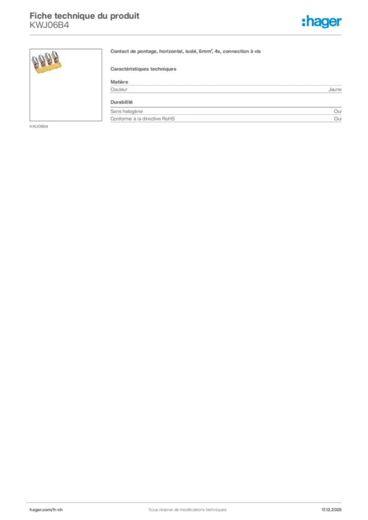 Image Hager Fiche technique du produit KWJ06B4 | Hager Suisse