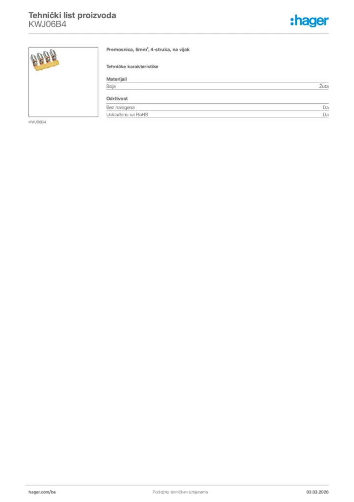Slika Hager Tehnički list proizvoda KWJ06B4  | Hager