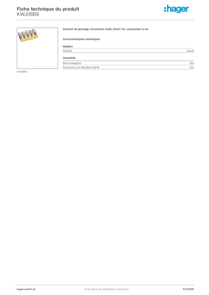 Image Hager Fiche technique du produit KWJ06B5 | Hager Suisse