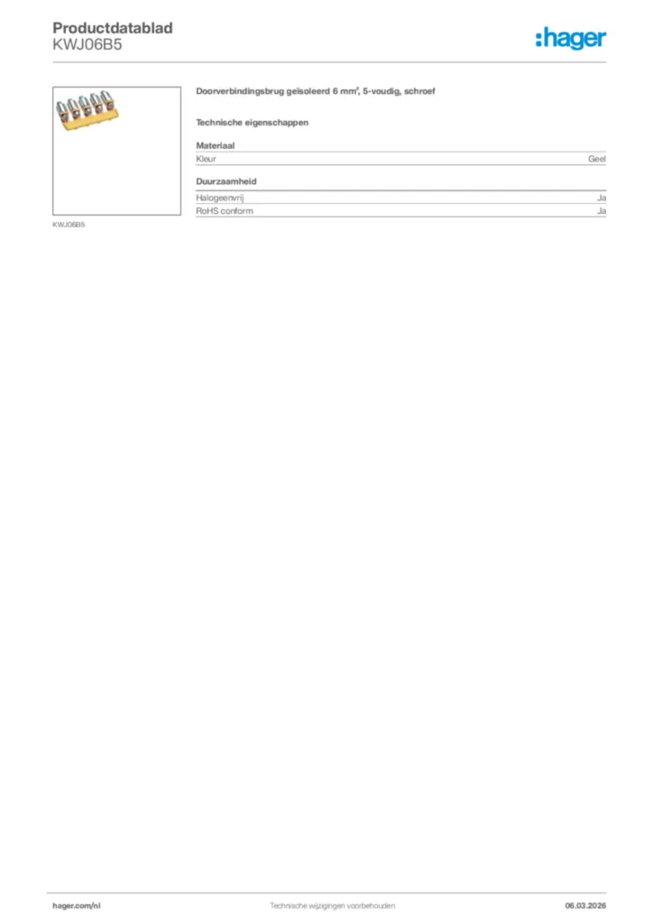 Afbeelding Hager Productdatablad KWJ06B5 | Hager Nederland