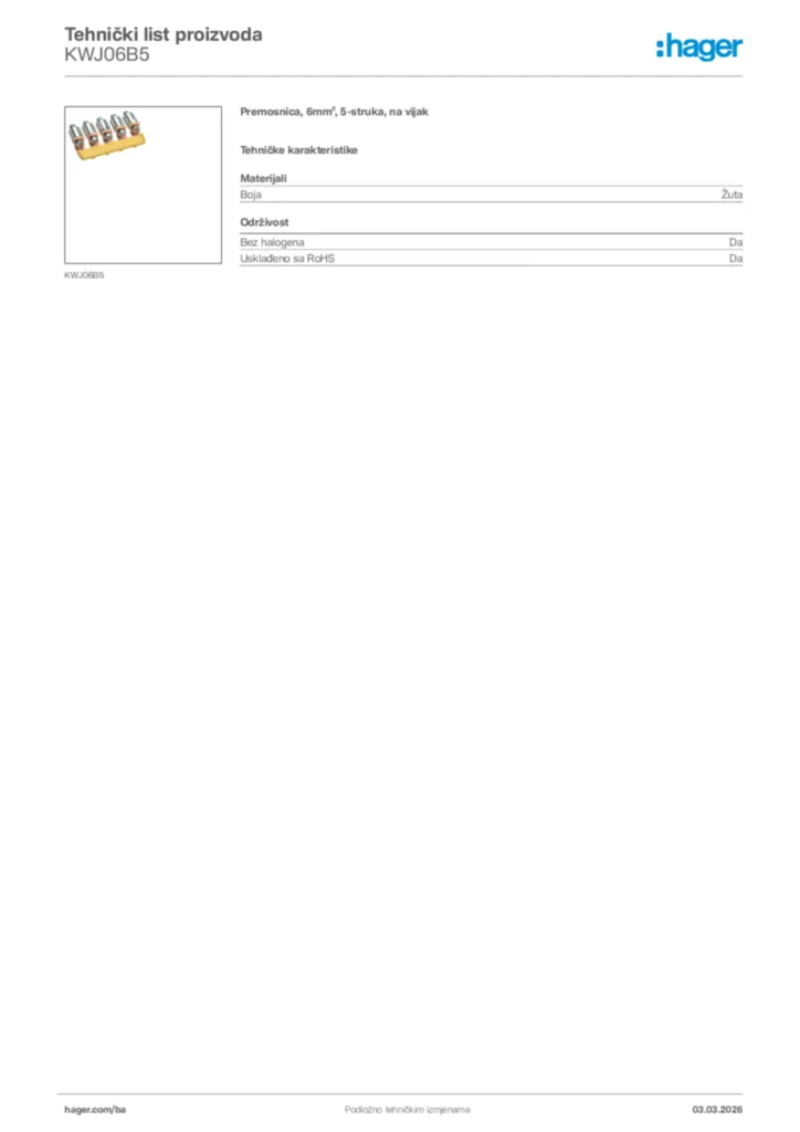 Slika Hager Tehnički list proizvoda KWJ06B5  | Hager