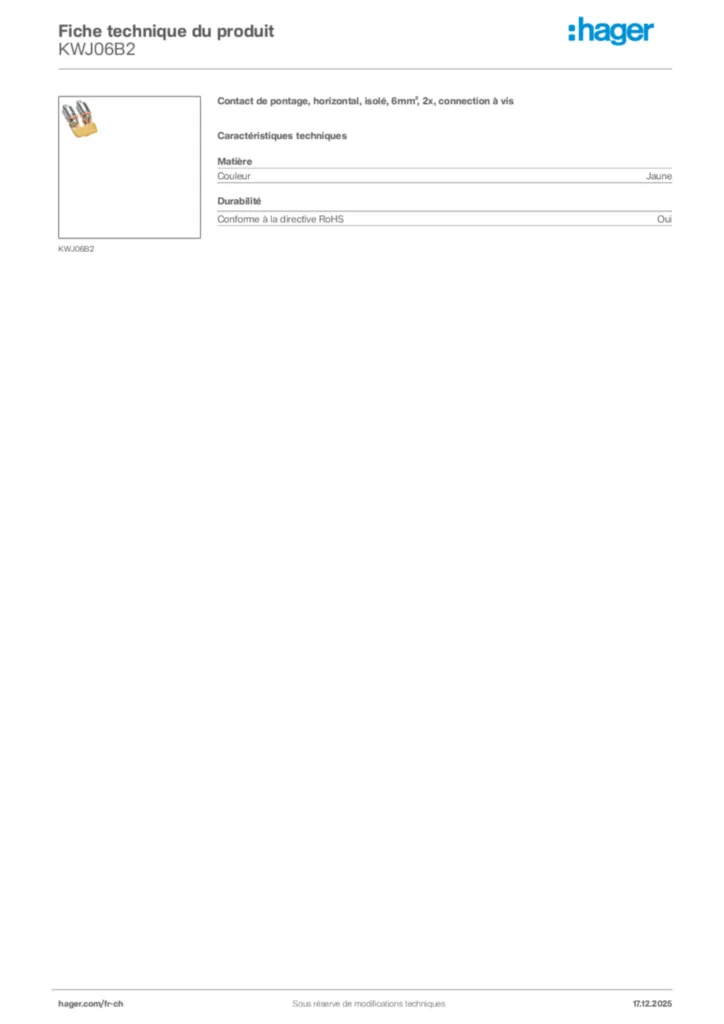 Image Hager Fiche technique du produit KWJ06B2 | Hager Suisse