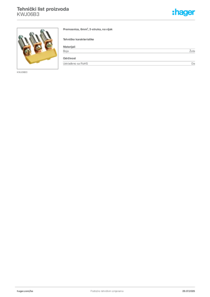 Slika Hager Product data sheet KWJ06B3  | Hager