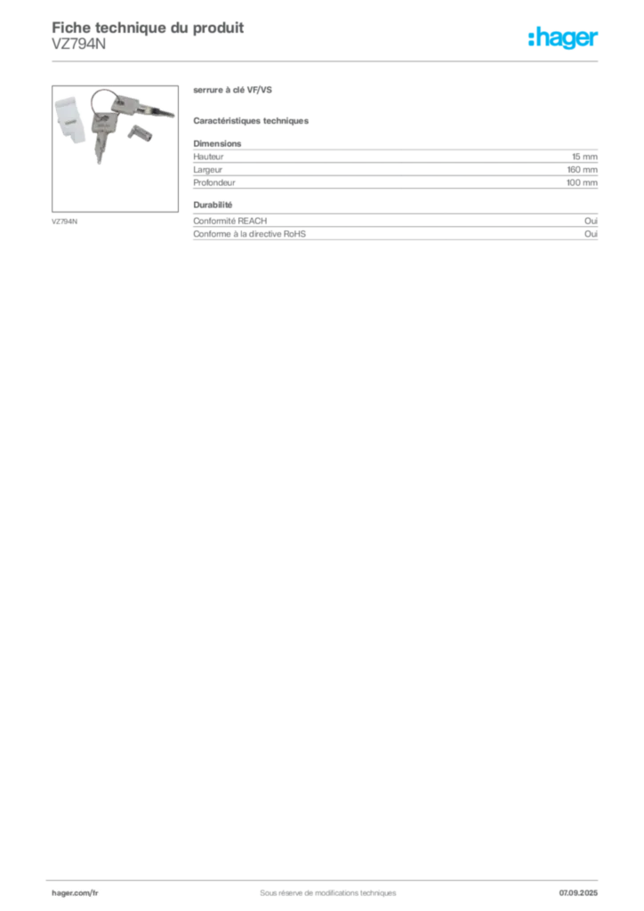 Image Hager Fiche technique du produit VZ794N | Hager France