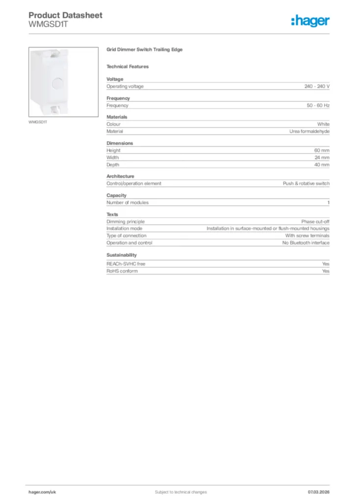Image Hager Product data sheet WMGSD1T  | Hager