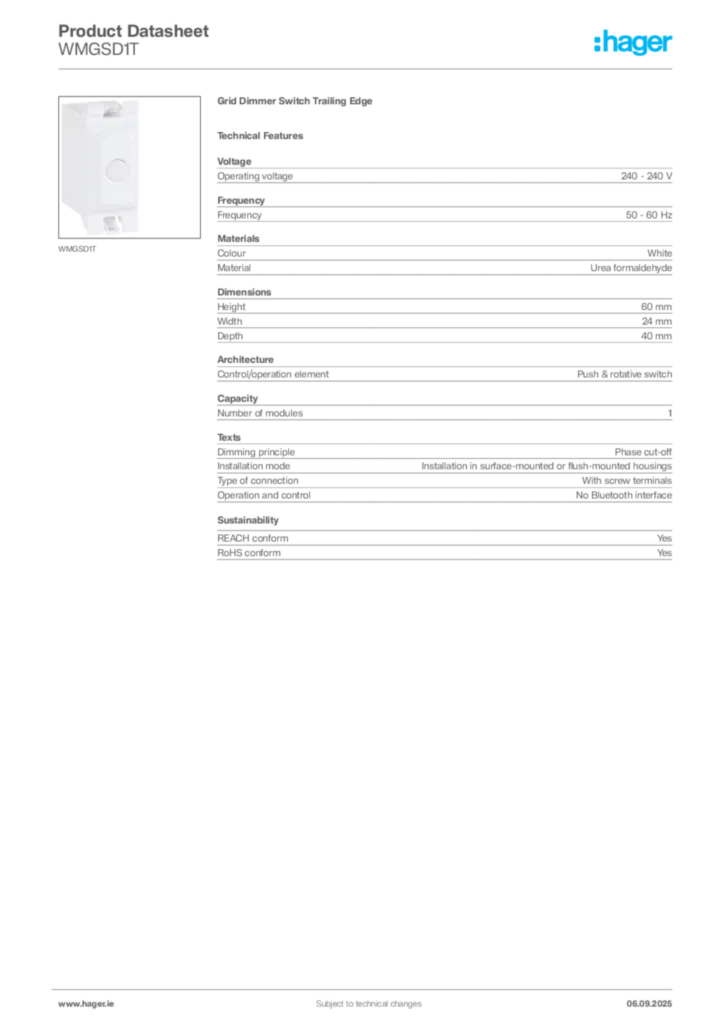 Image Hager Product data sheet WMGSD1T  | Hager