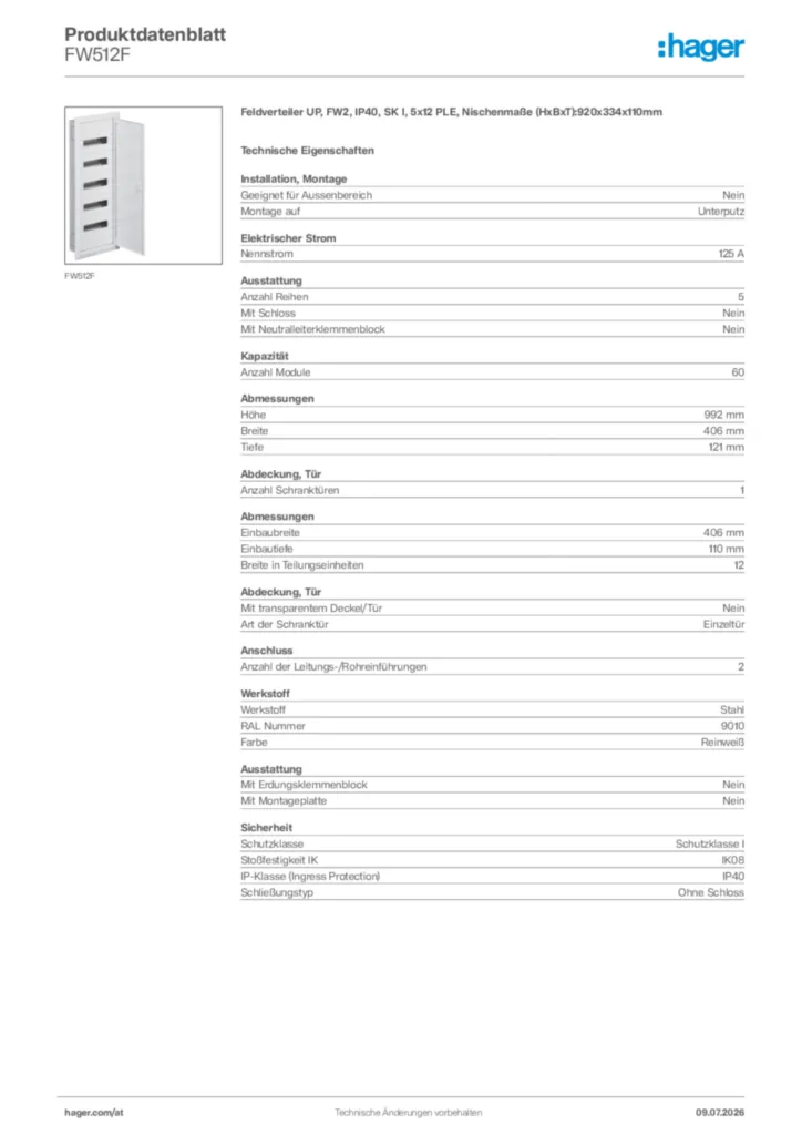 Bild Hager Produktdatenblatt FW512F | Hager Deutschland