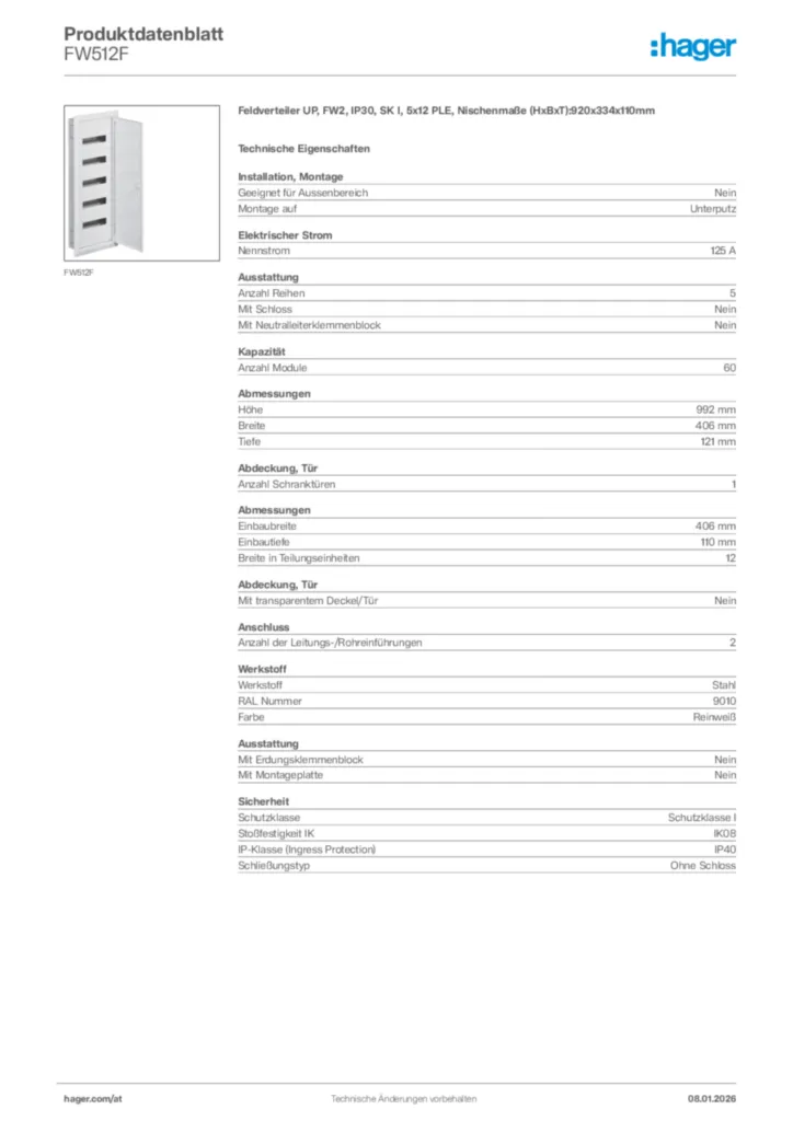 Bild Hager Produktdatenblatt FW512F | Hager Deutschland