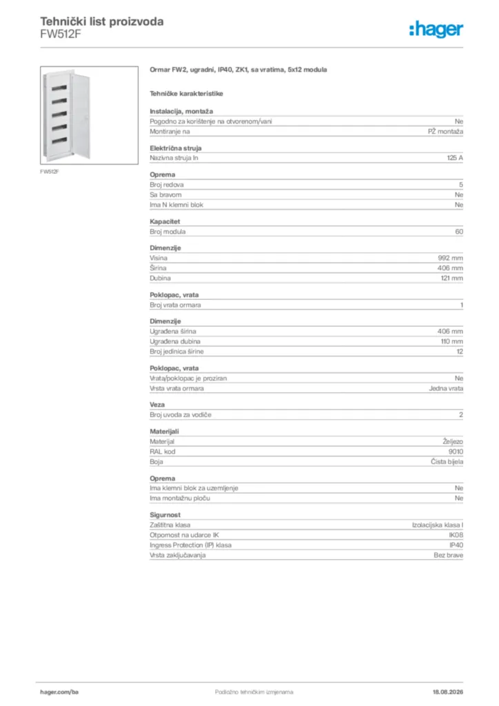 Slika Hager Tehnički list proizvoda FW512F  | Hager