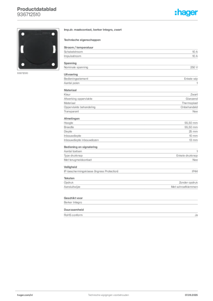 Afbeelding Hager Productdatablad 936712510 | Hager Nederland