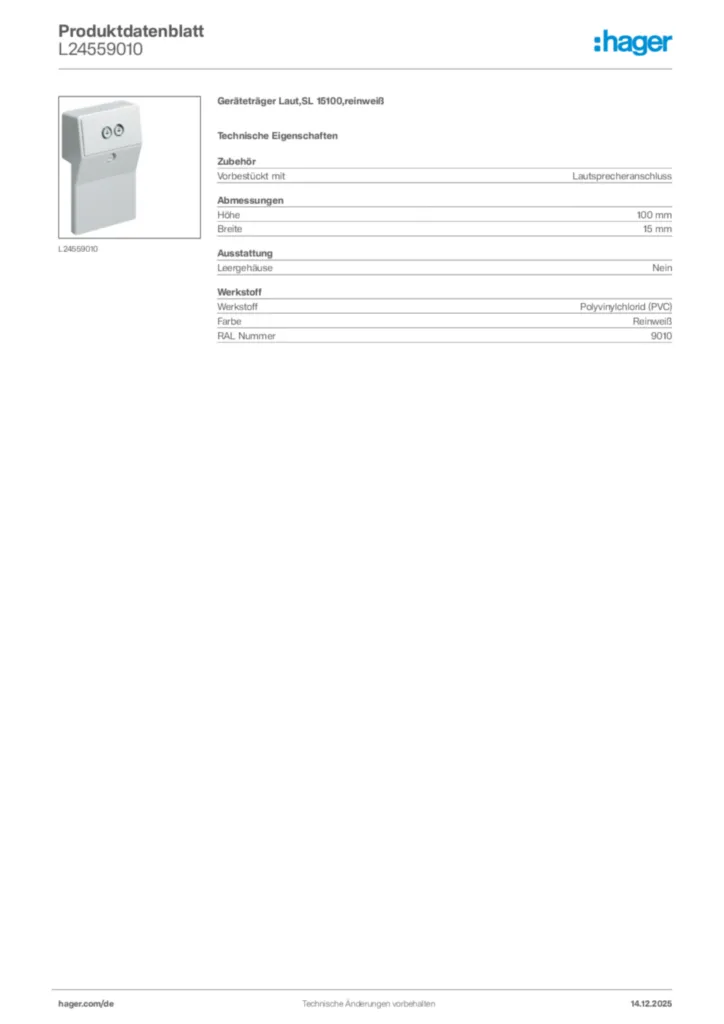 Bild Hager Produktdatenblatt L24559010 | Hager Deutschland