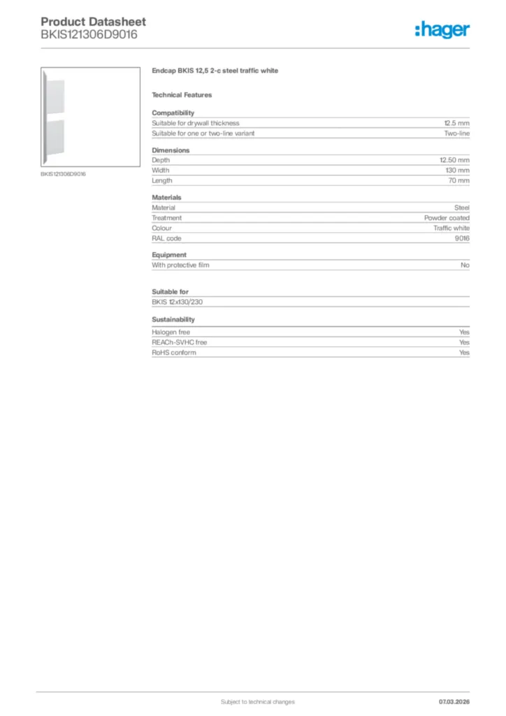 Image Hager Product data sheet BKIS121306D9016  | Hager Africa