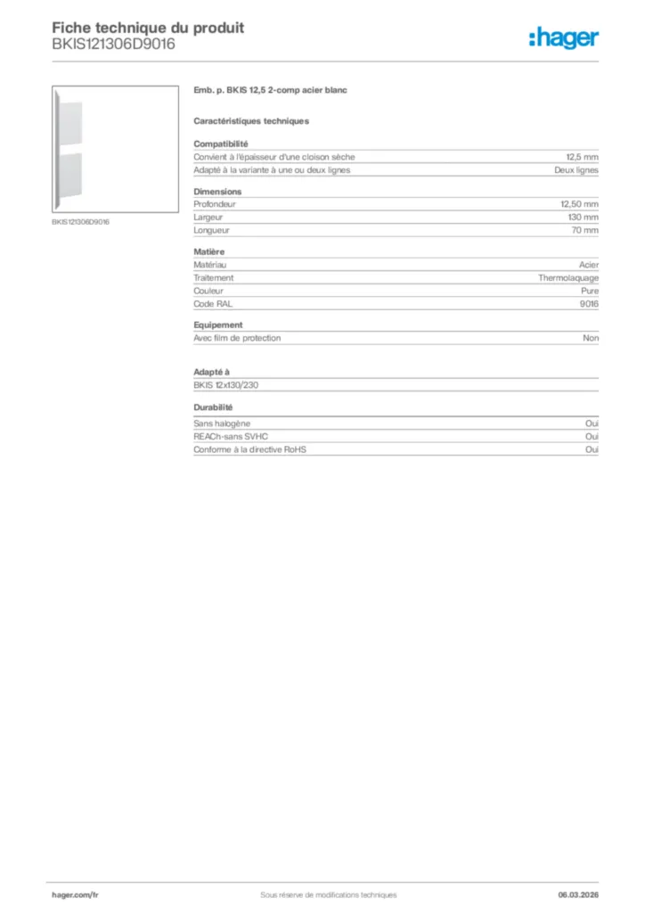 Image Hager Fiche technique du produit BKIS121306D9016 | Hager France