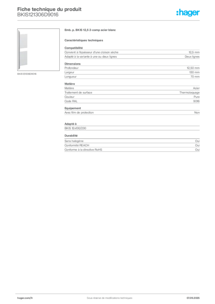 Image Hager Fiche technique du produit BKIS121306D9016 | Hager France