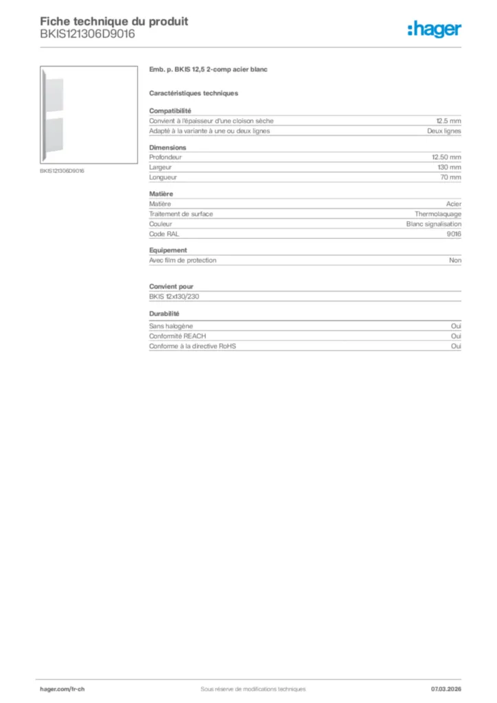 Image Hager Fiche technique du produit BKIS121306D9016 | Hager Suisse