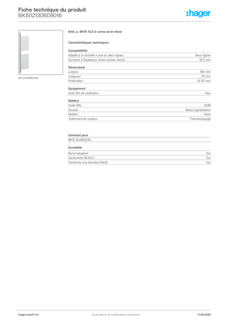 Image Hager Fiche technique du produit BKIS121306D9016 | Hager Suisse