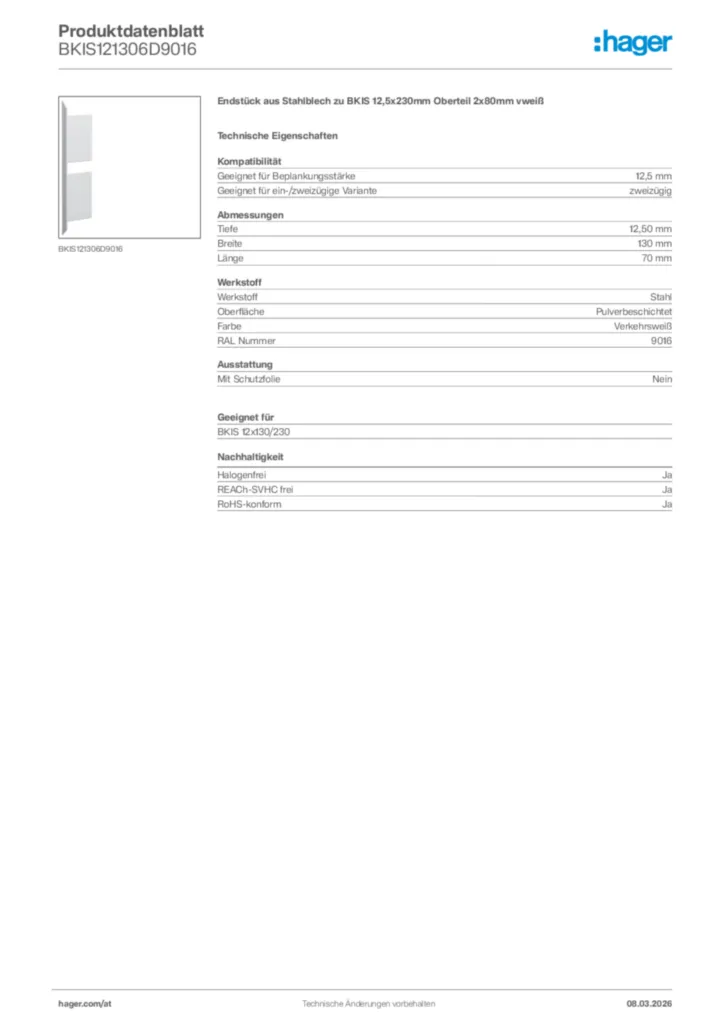 Bild Hager Produktdatenblatt BKIS121306D9016 | Hager Deutschland