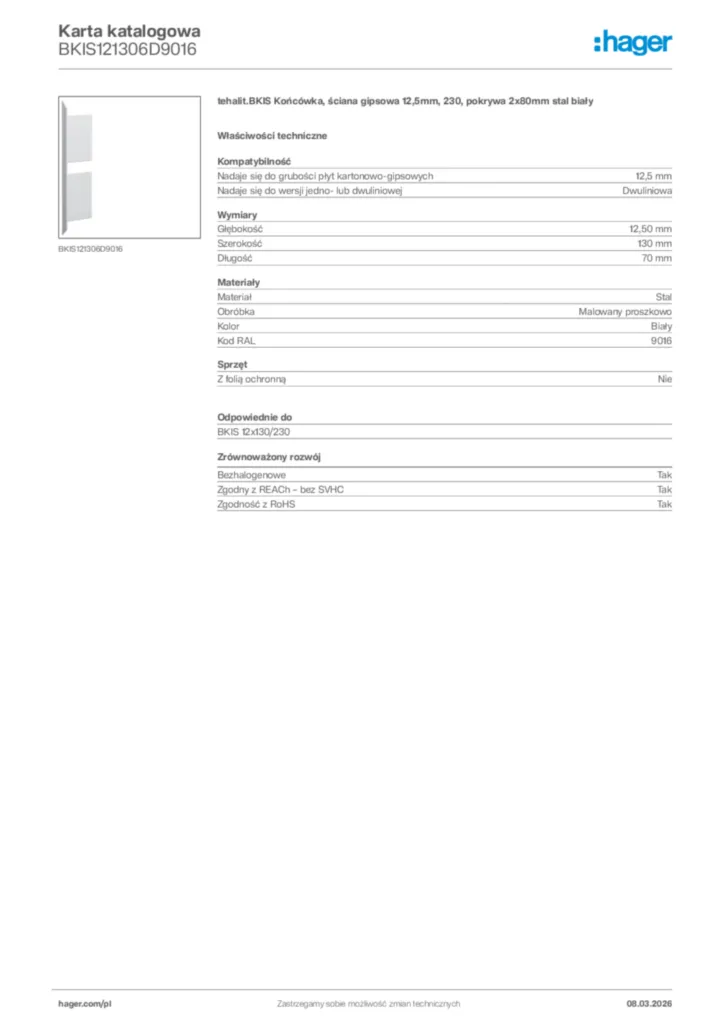 Zdjęcie Hager Karta katalogowa BKIS121306D9016 | Hager Polska