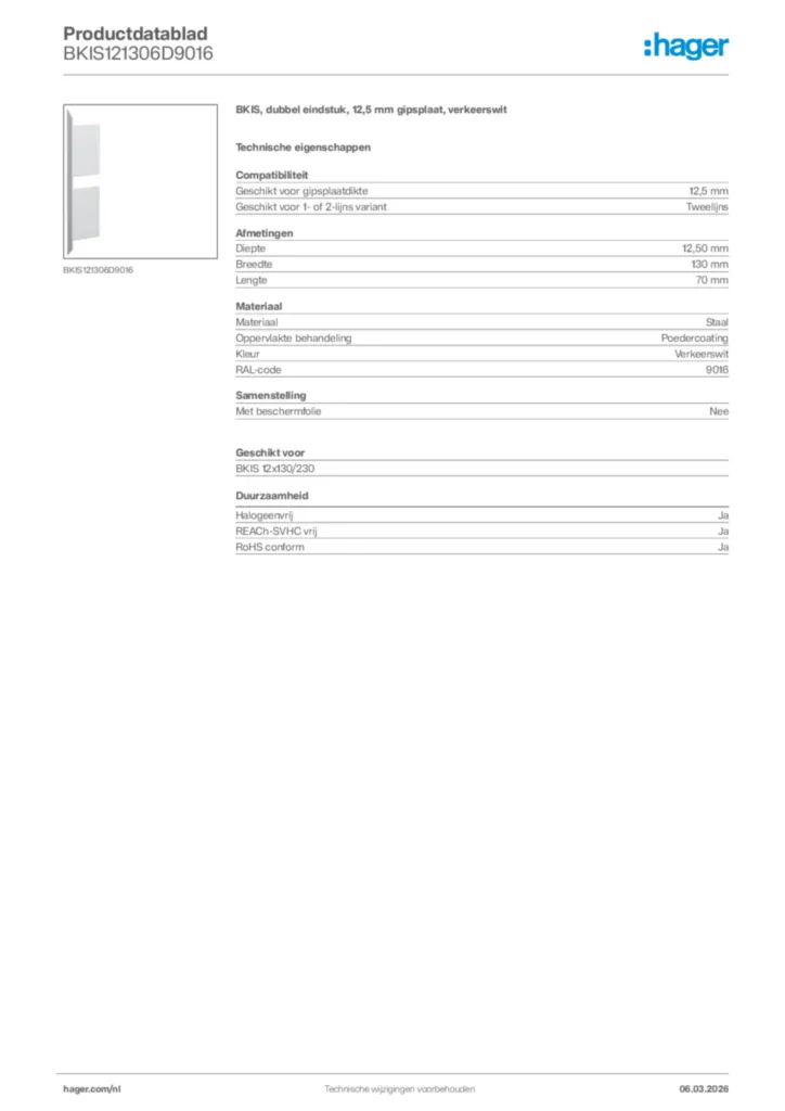 Afbeelding Hager Productdatablad BKIS121306D9016 | Hager Nederland