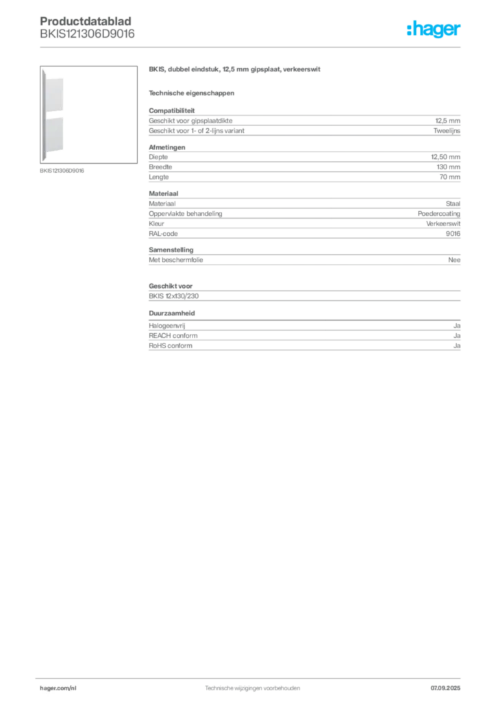 Afbeelding Hager Productdatablad BKIS121306D9016 | Hager Nederland