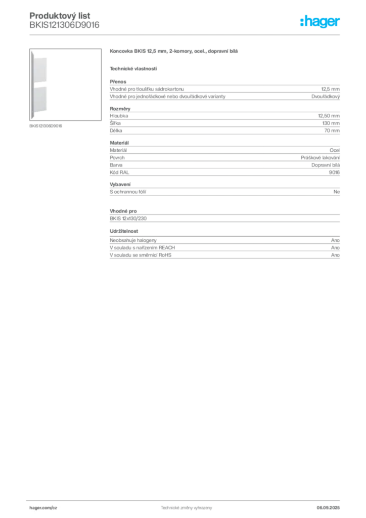 Obrázek Hager Produktový list BKIS121306D9016 | Hager