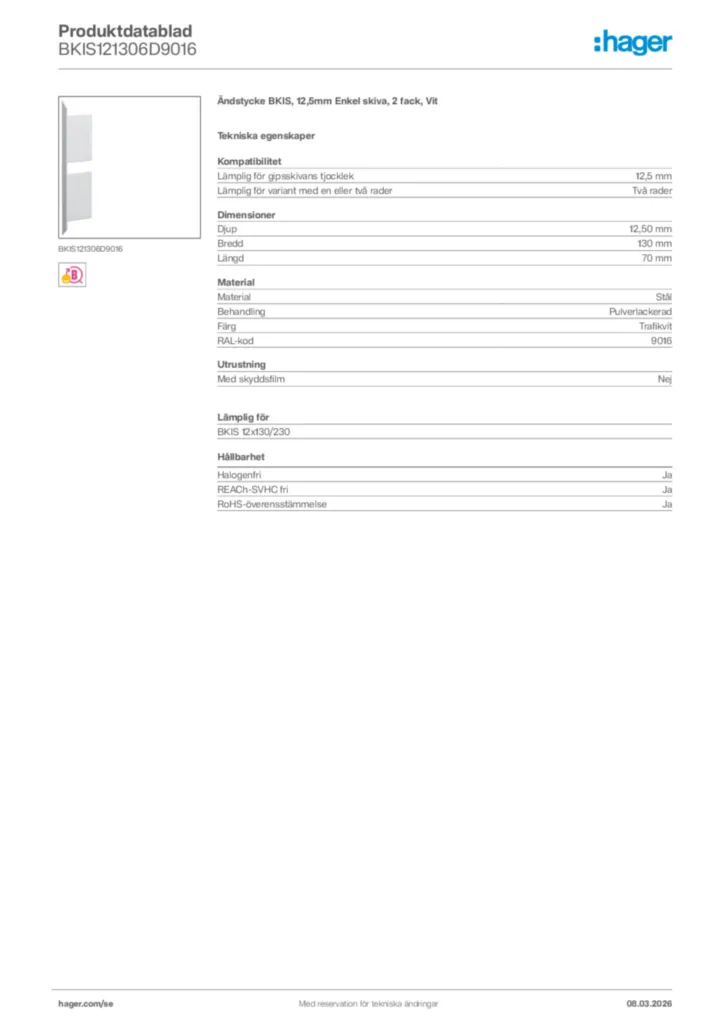 Bild Hager Produktdatablad BKIS121306D9016 | Hager Sverige