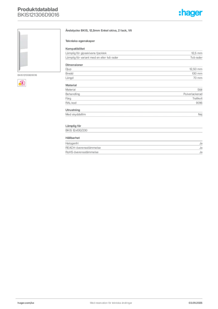 Bild Hager Produktdatablad BKIS121306D9016 | Hager Sverige