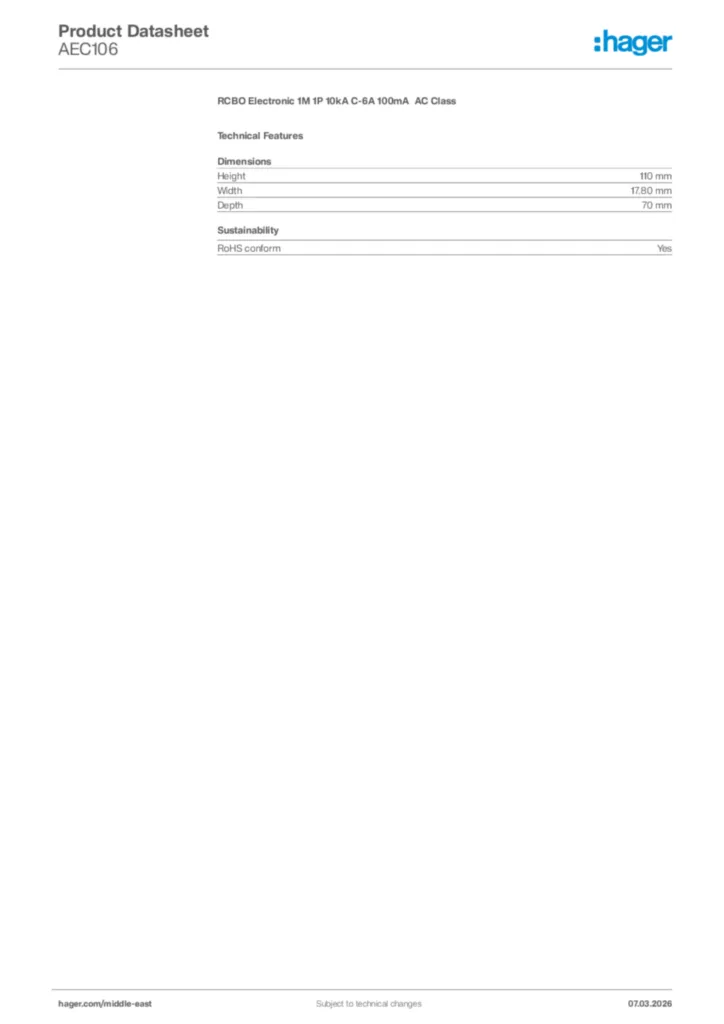 Image Hager Product data sheet AEC106  | Hager