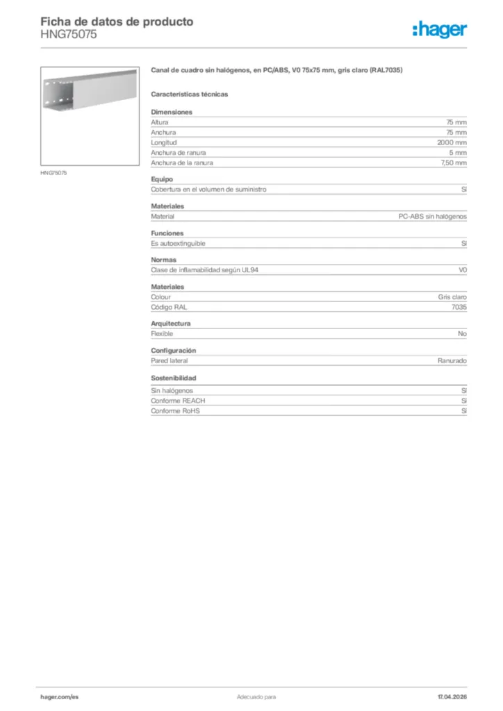 Imagen Hager Ficha de datos de producto HNG75075 | Hager España