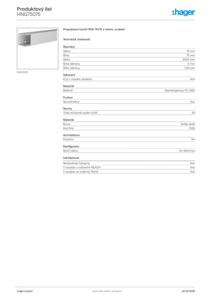 Obrázek Hager Product data sheet HNG75075 | Hager