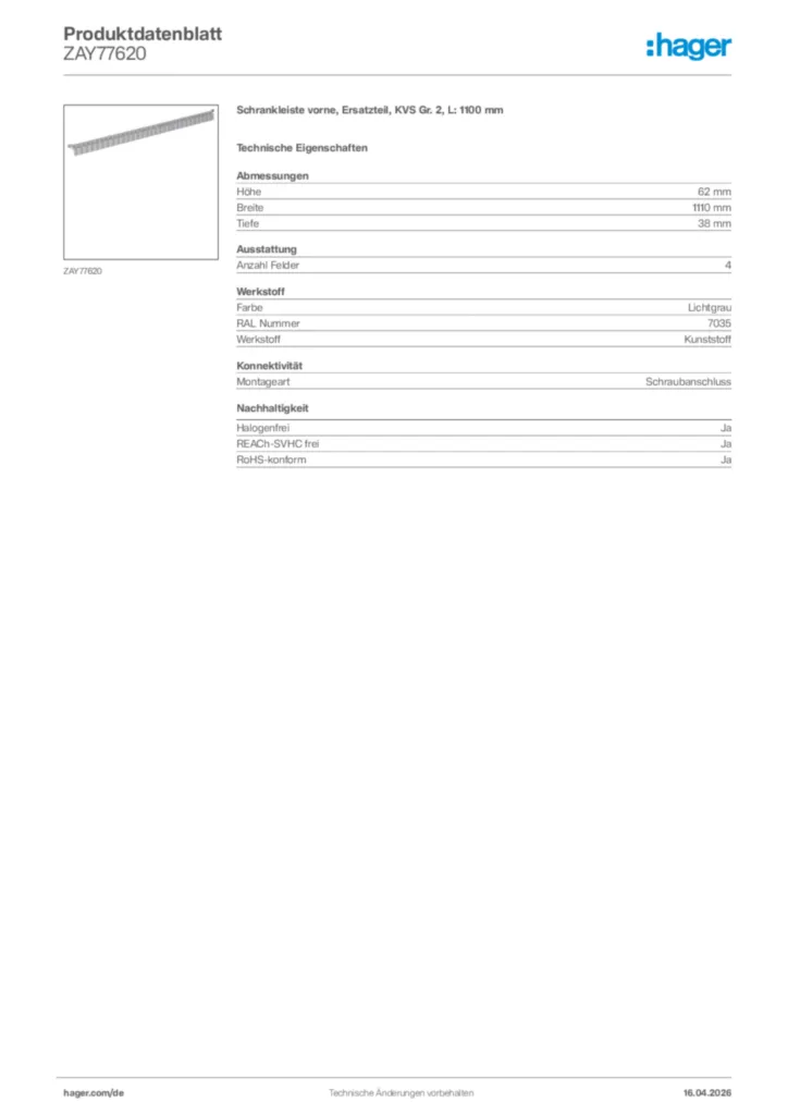 Bild Hager Produktdatenblatt ZAY77620 | Hager Deutschland