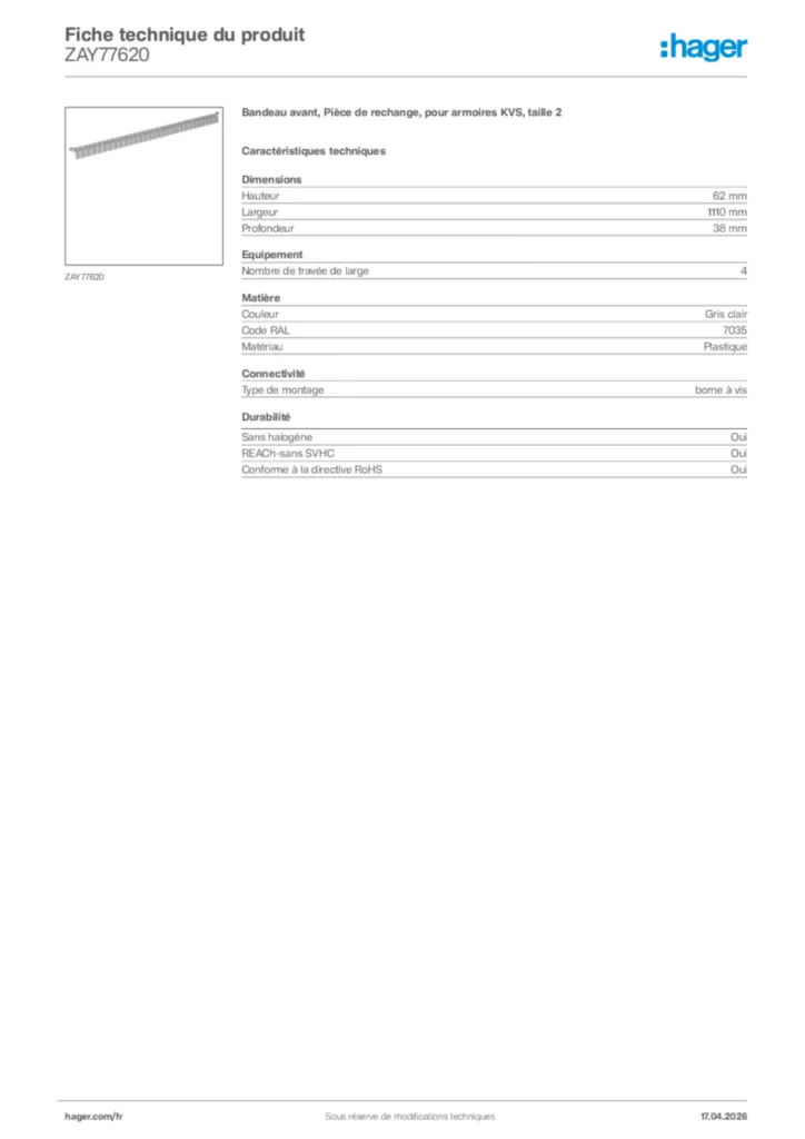 Image Hager Fiche technique du produit ZAY77620 | Hager France