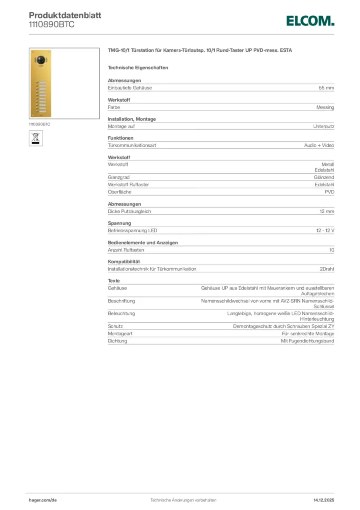 Bild Elcom Produktdatenblatt 1110890BTC | Hager Deutschland