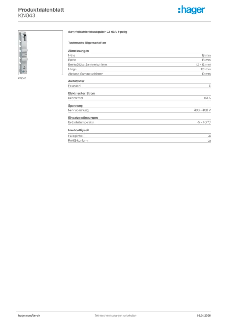 Bild Hager Produktdatenblatt KN043 | Hager Schweiz