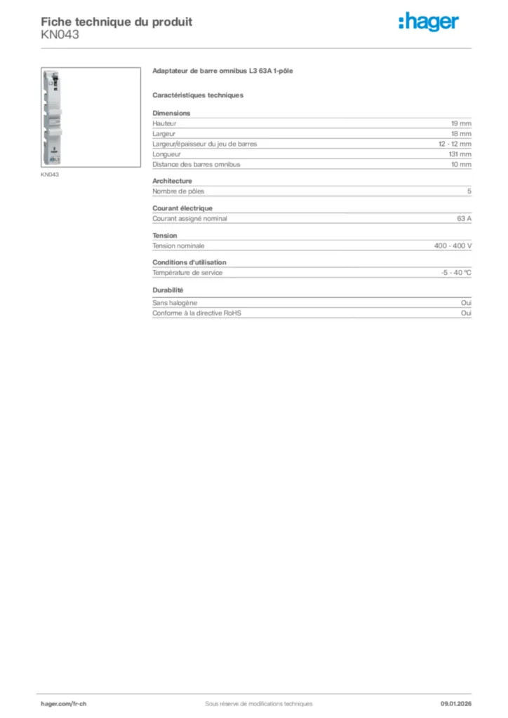 Image Hager Fiche technique du produit KN043 | Hager Suisse