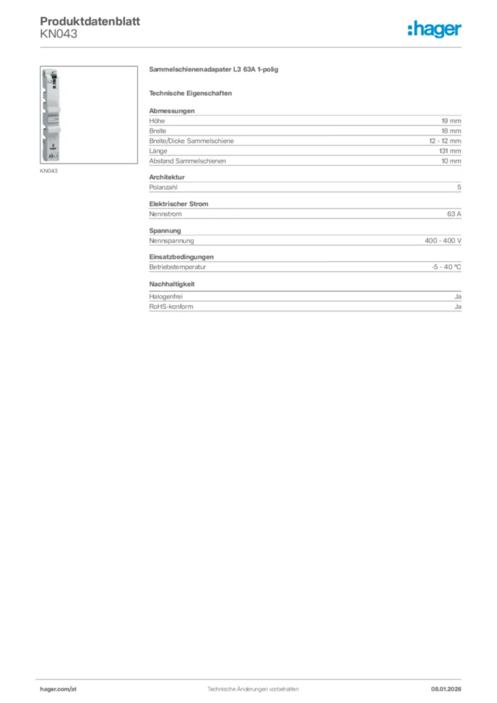 Bild Hager Produktdatenblatt KN043 | Hager Deutschland