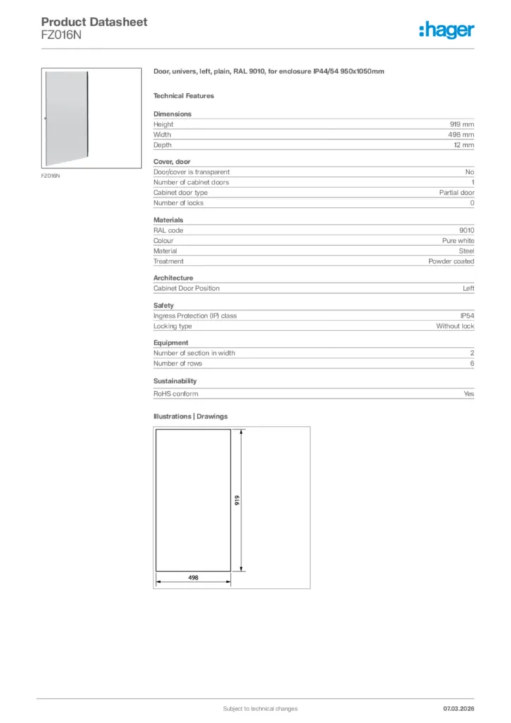 Image Hager Product data sheet FZ016N  | Hager Africa