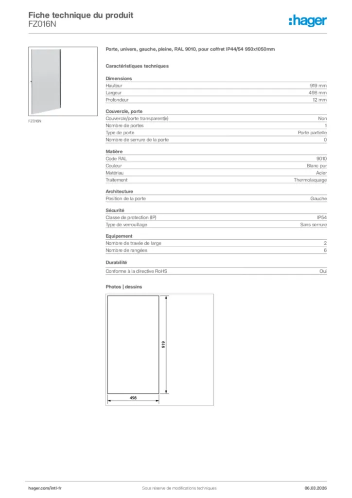 Image Hager Fiche technique du produit FZ016N | Hager Afrique