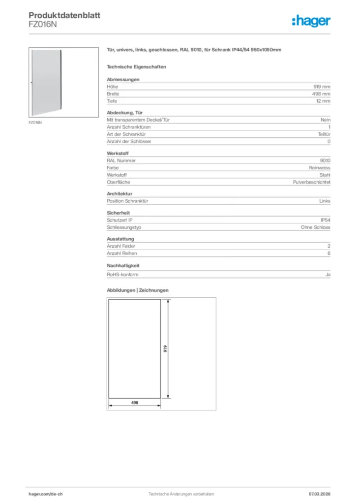 Bild Hager Produktdatenblatt FZ016N | Hager Schweiz