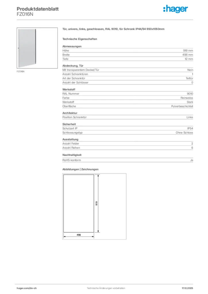 Bild Hager Produktdatenblatt FZ016N | Hager Schweiz